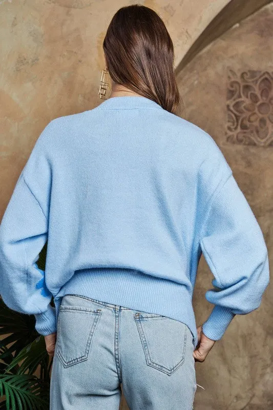 ADORA Light Blue Flower Button Down Lantern Sleeve Cardigan