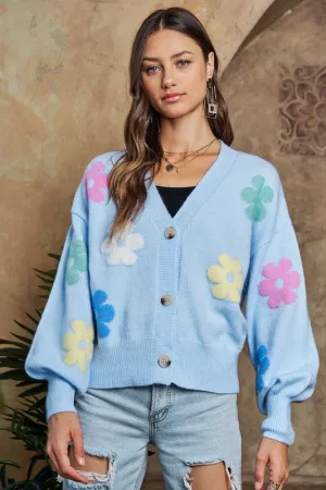 ADORA Light Blue Flower Button Down Lantern Sleeve Cardigan