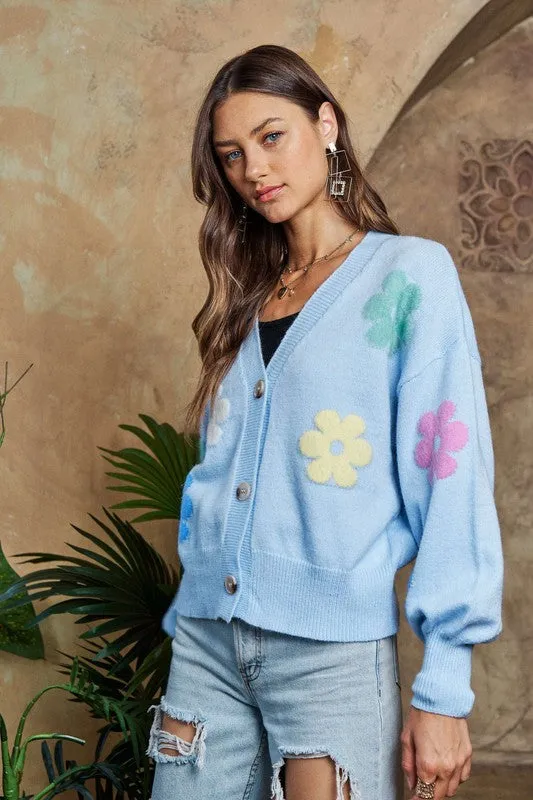 ADORA Light Blue Flower Button Down Lantern Sleeve Cardigan