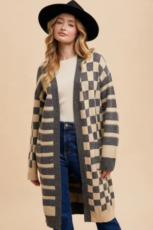 Annie Wear Dark Gray Checkered & Striped Open Front Long Sleeve Cardigan