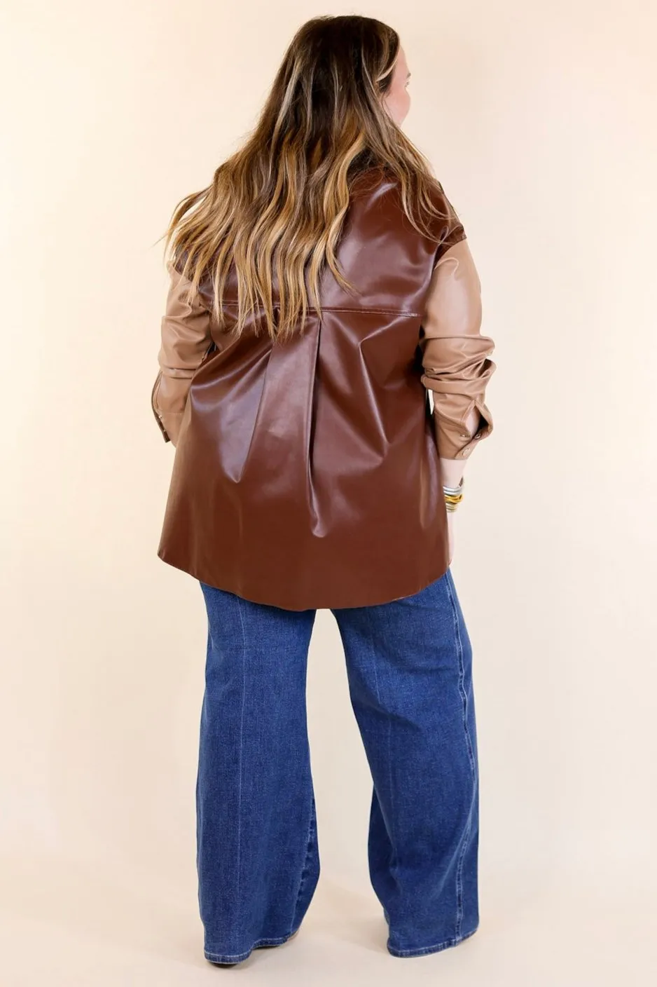 Autumn Event Faux Leather Color Block Shacket in Brown Mix