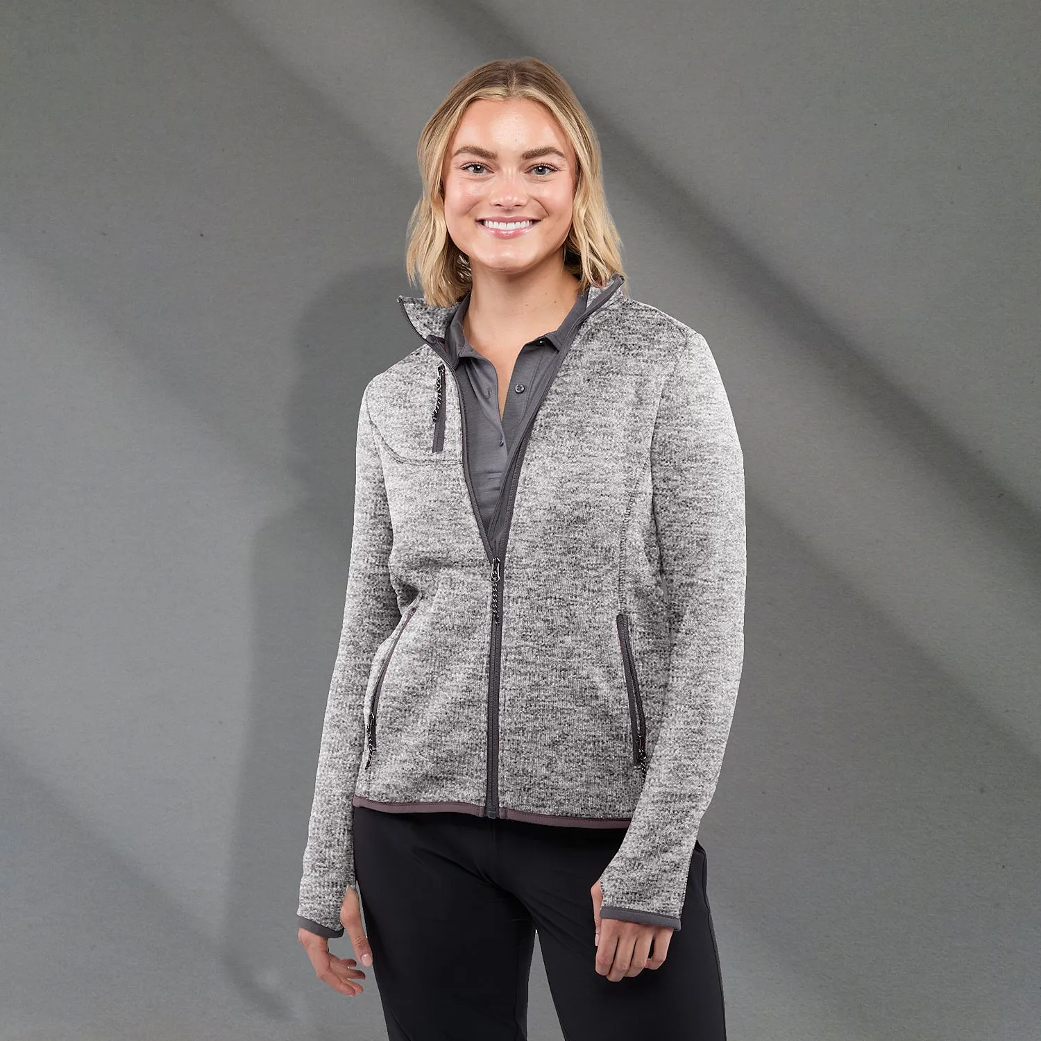 B2493W Women's Sweater Knit Full Zip Jacket with Thumb Holes