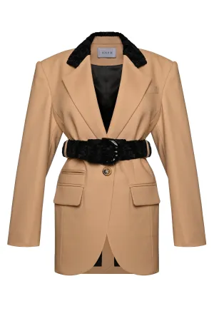 BELTED BLAZER WITH FAUX FUR COLLAR
