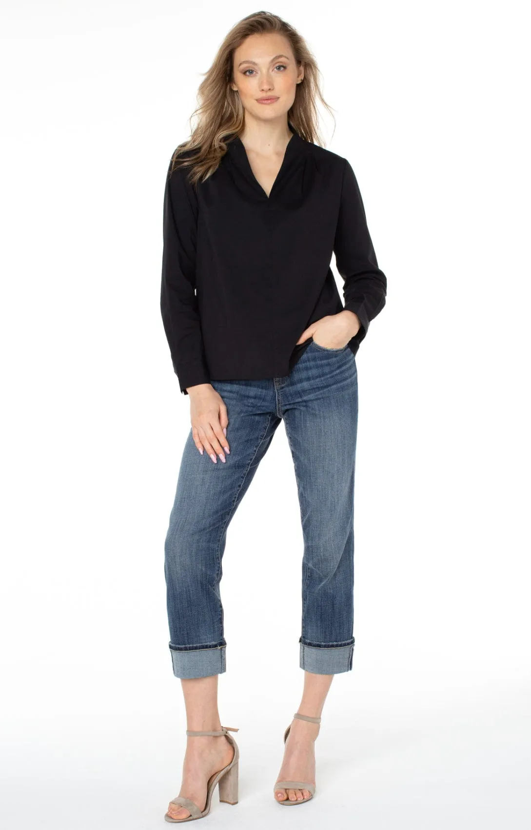 Black V-Neck Stand Up Collar Top