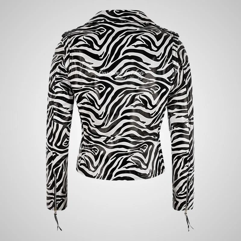 BRANDO Ladies Leather Biker Jacket in Zebra Print