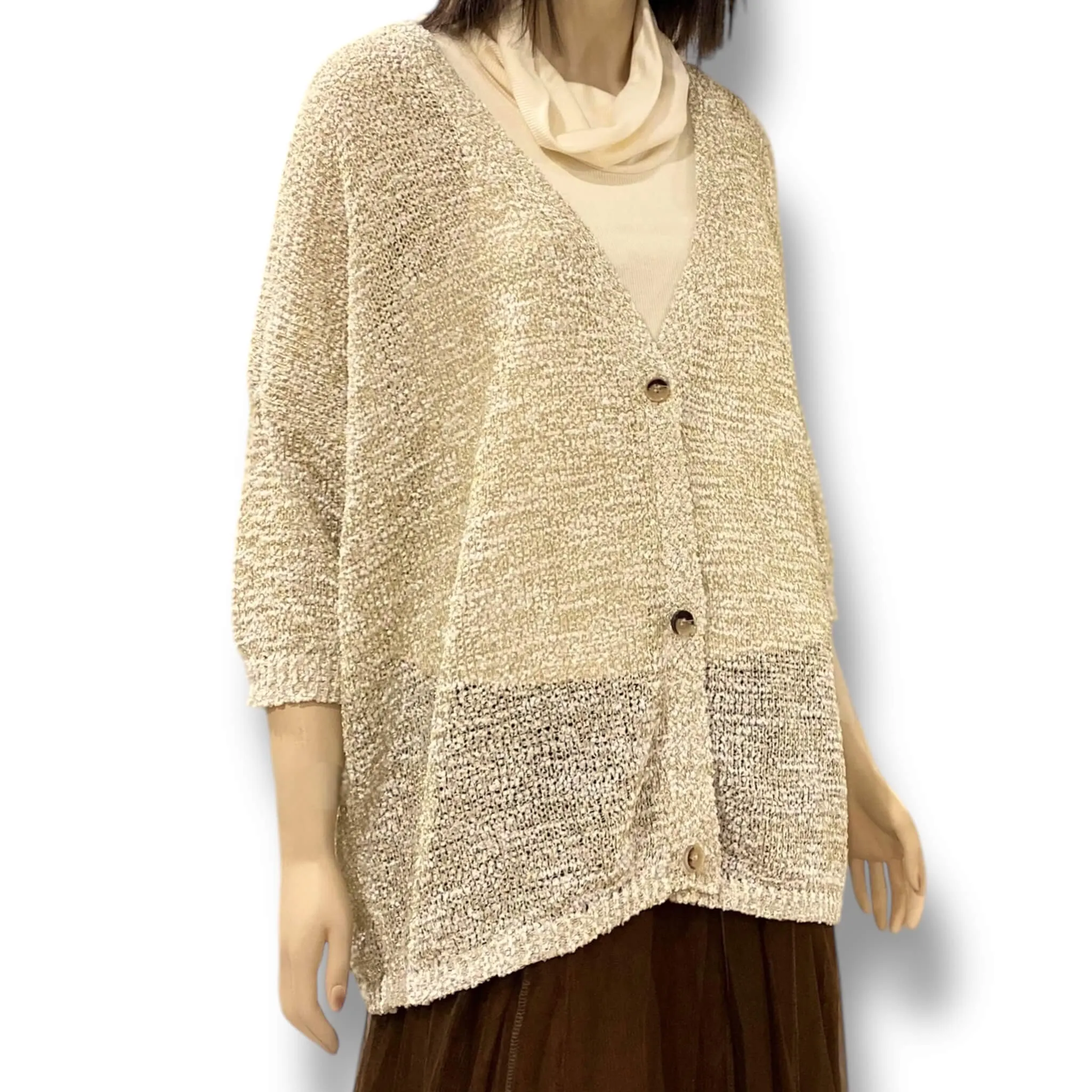 Gold White Button Down Jacquard Knit Cardigan