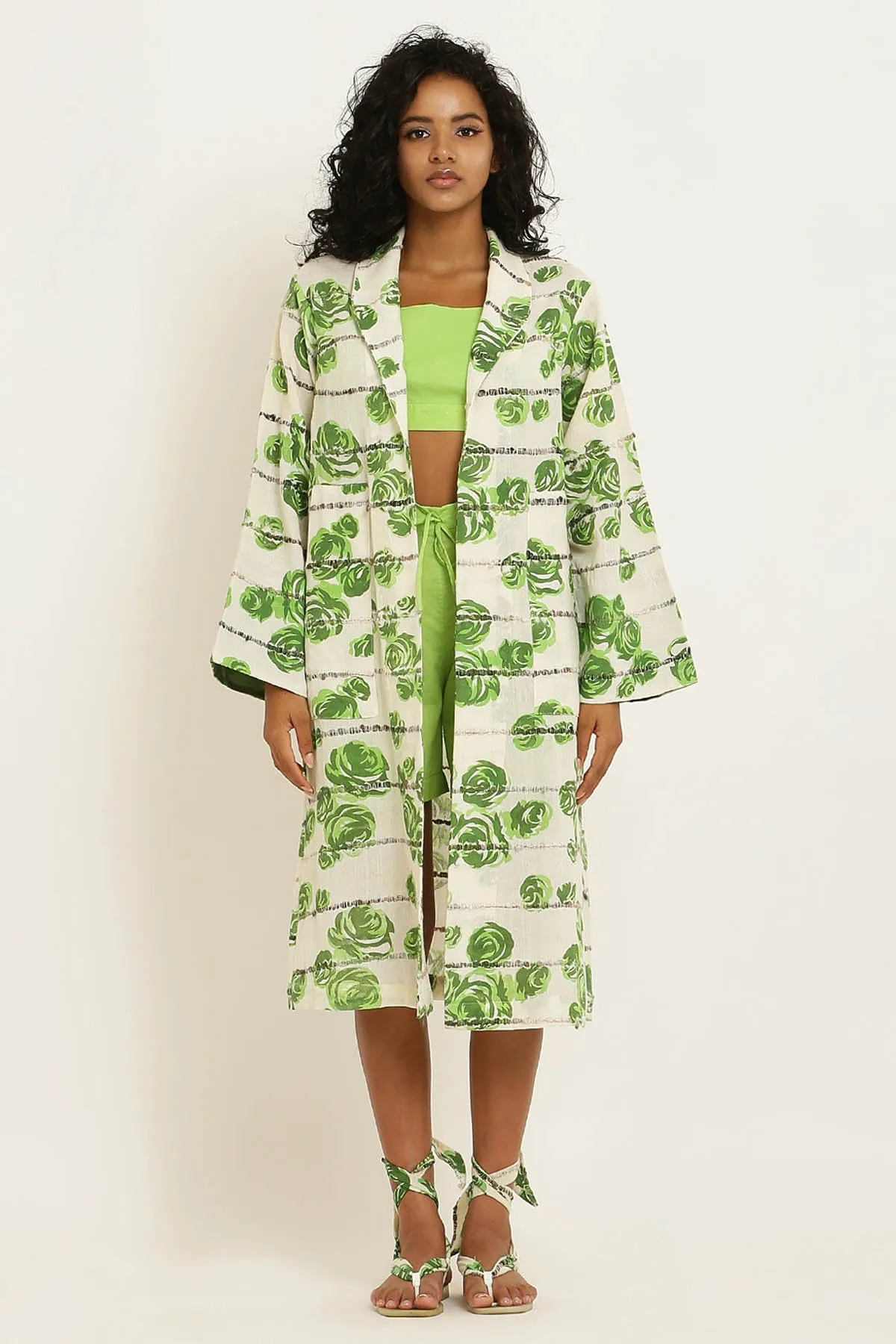 Green Rose Print Cotton Cape