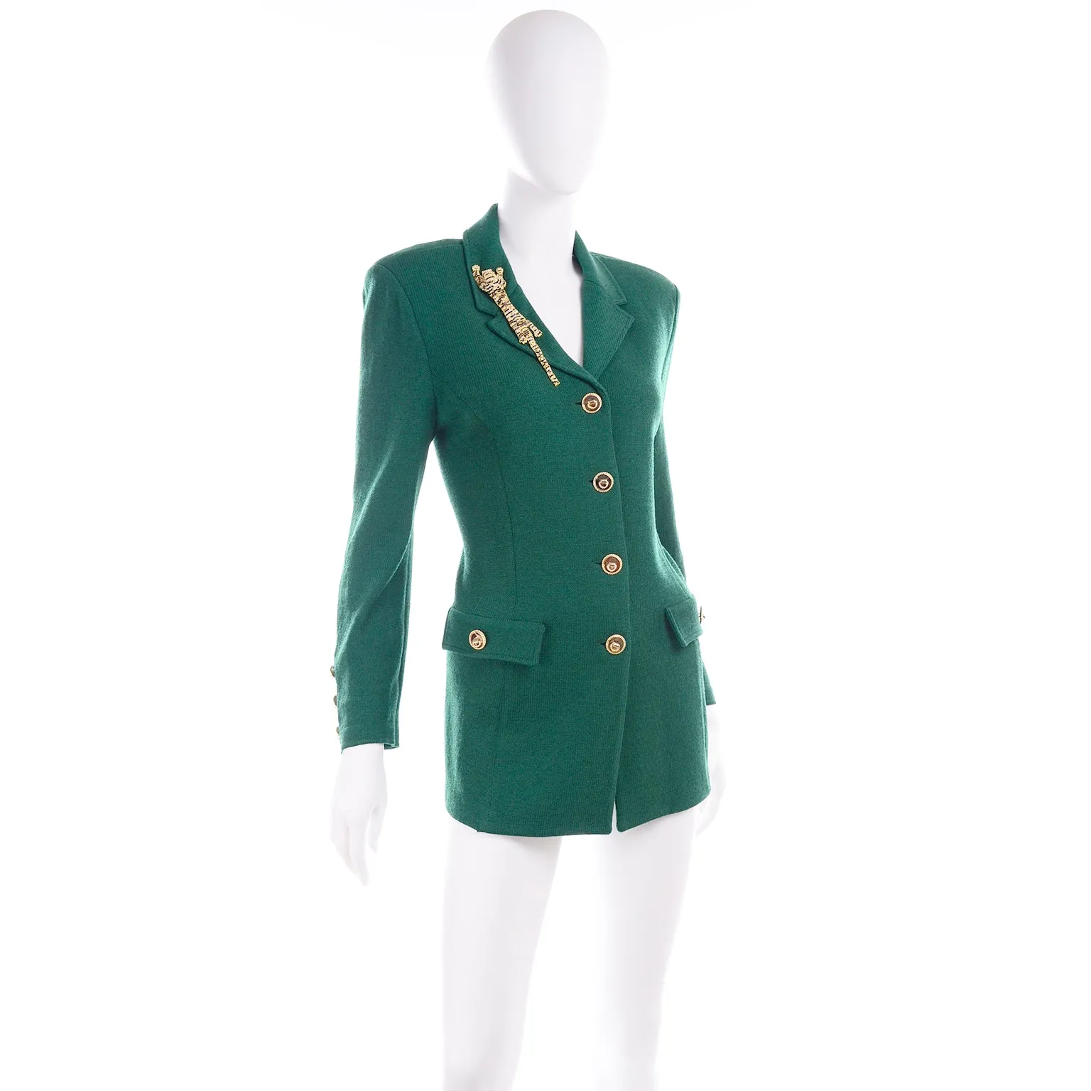 Green Santana Knit St John Blazer Jacket w Tiger Brooch