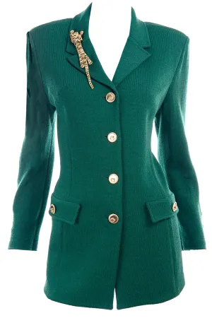 Green Santana Knit St John Blazer Jacket w Tiger Brooch