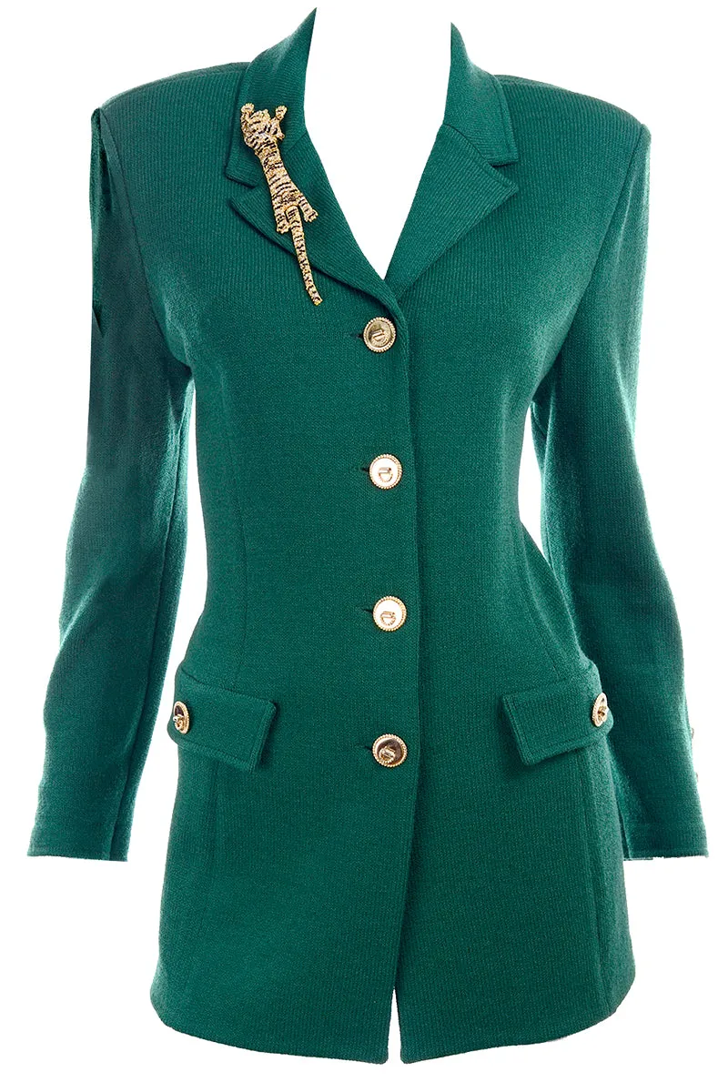 Green Santana Knit St John Blazer Jacket w Tiger Brooch