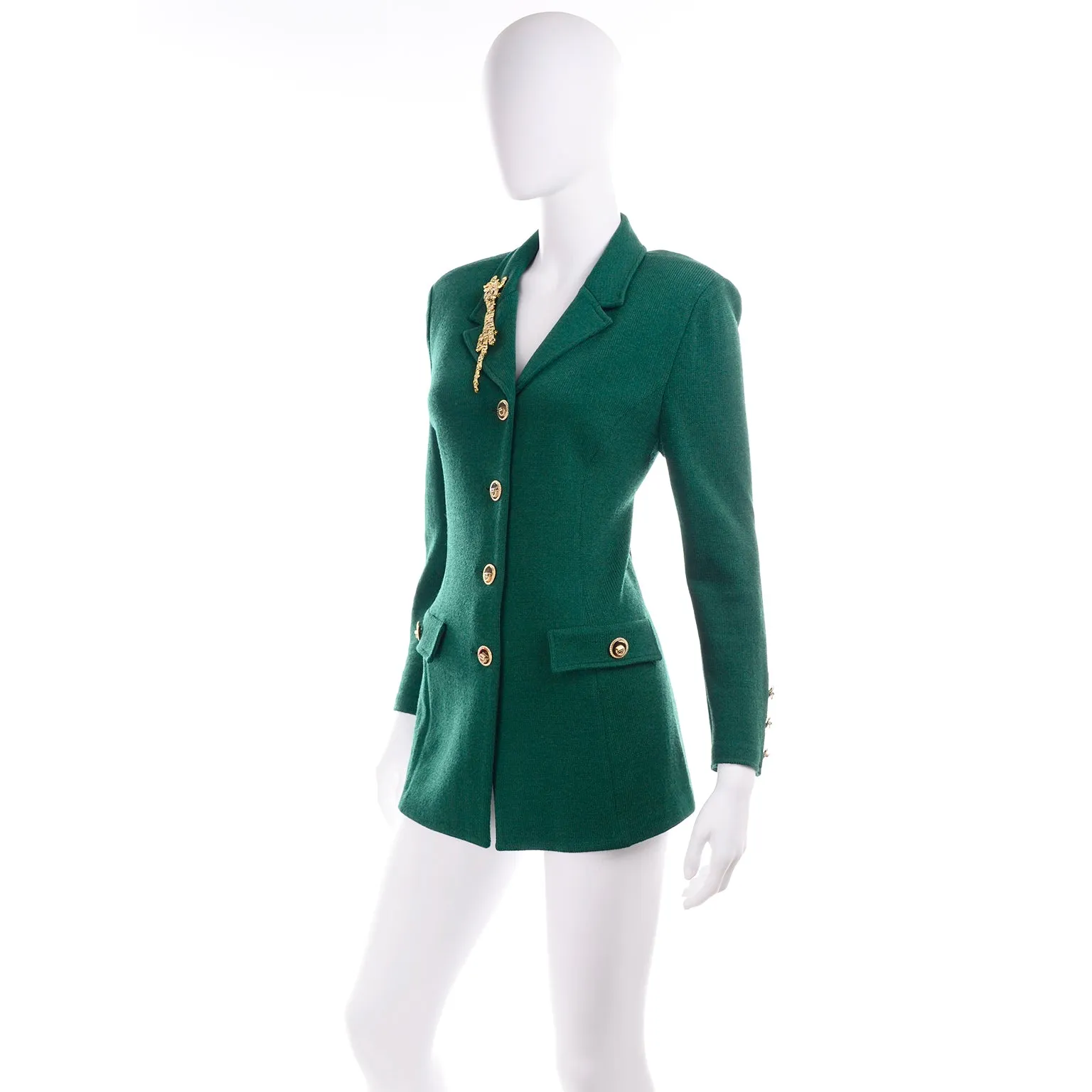 Green Santana Knit St John Blazer Jacket w Tiger Brooch