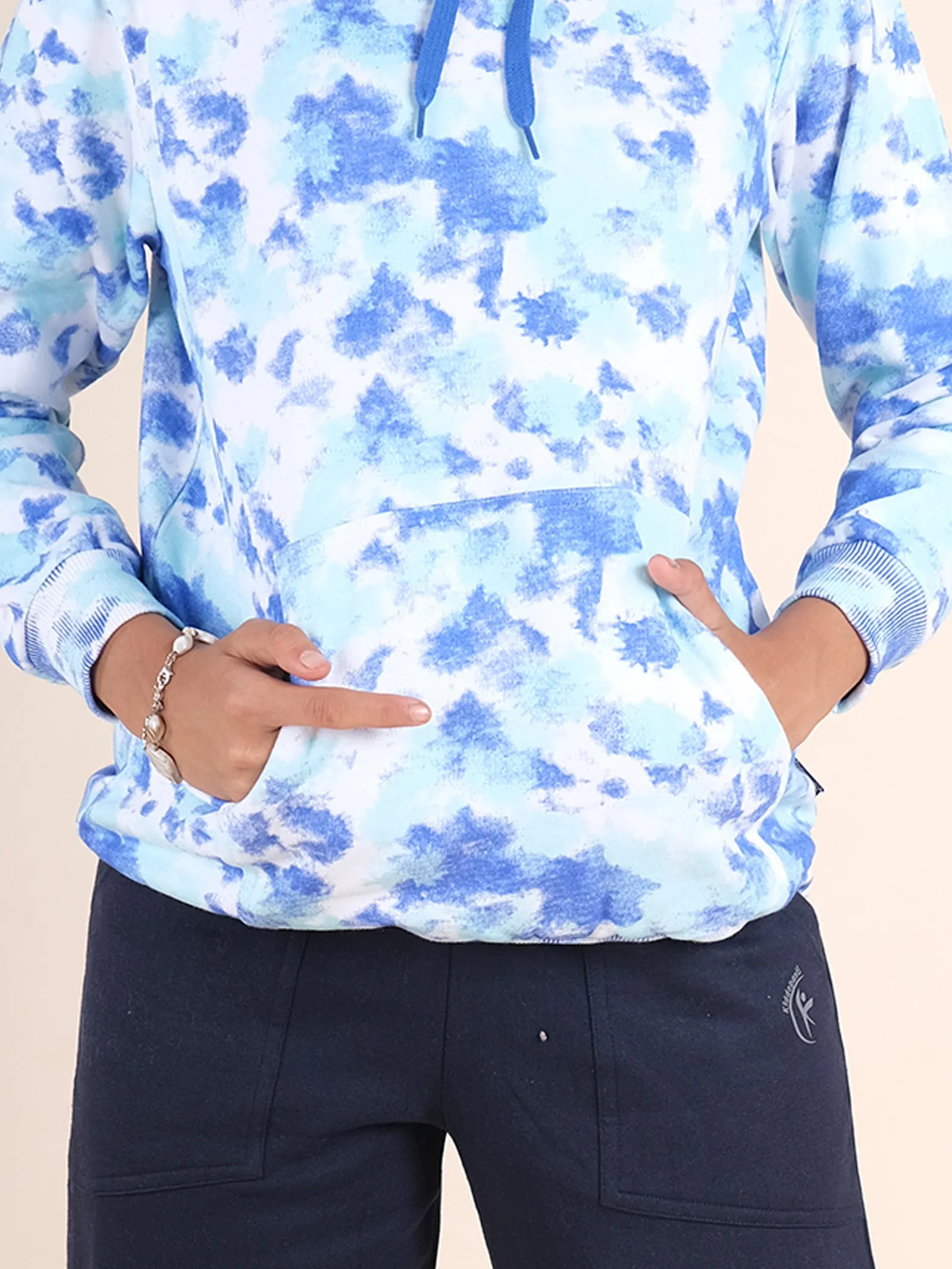 Kids Unisex Fleece Tie Dye Full Sleeve Hooded Sweatshirt With Solid Track Pant Set