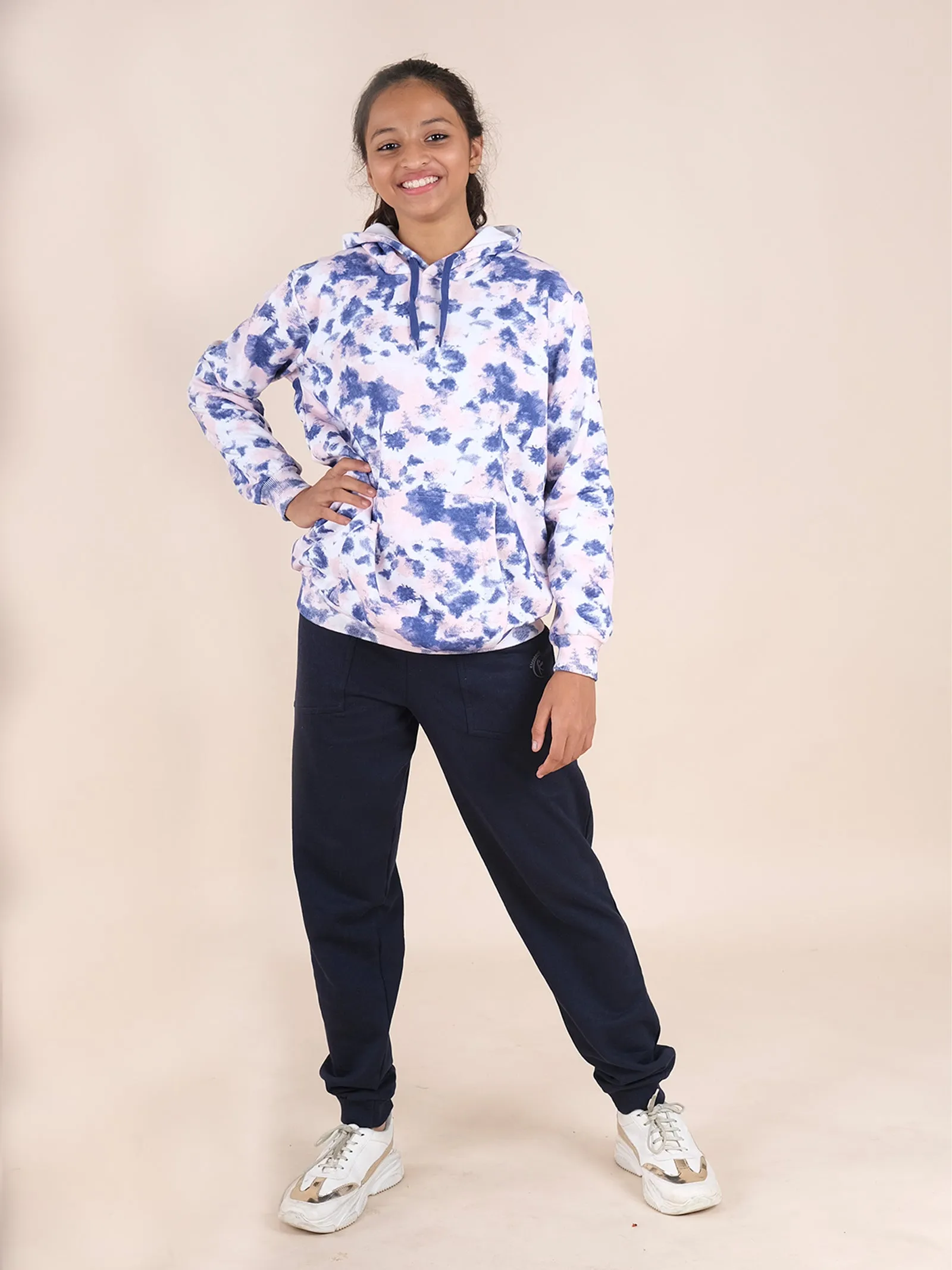 Kids Unisex Fleece Tie Dye Full Sleeve Hooded Sweatshirt With Solid Track Pant Set
