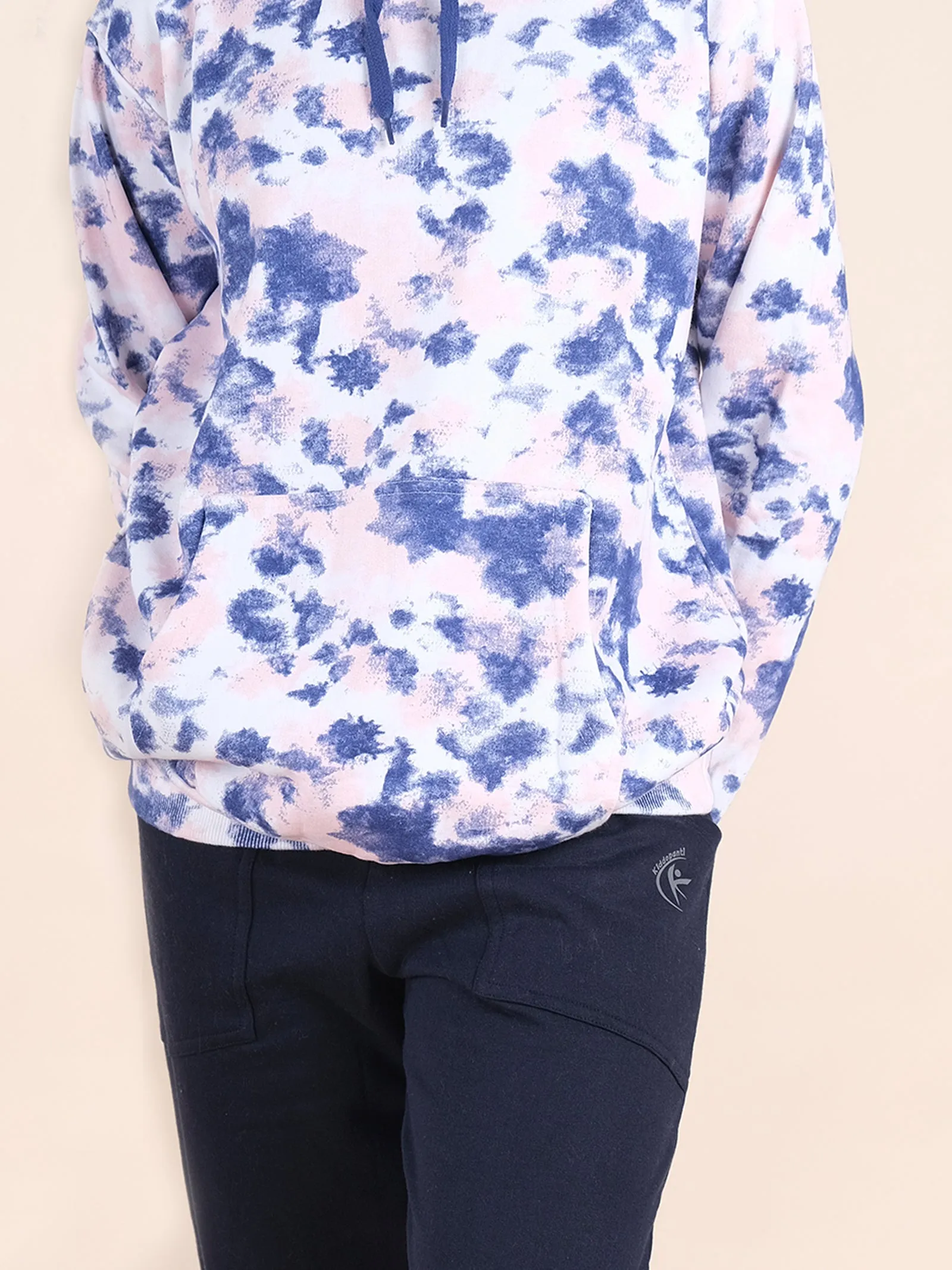 Kids Unisex Fleece Tie Dye Full Sleeve Hooded Sweatshirt With Solid Track Pant Set