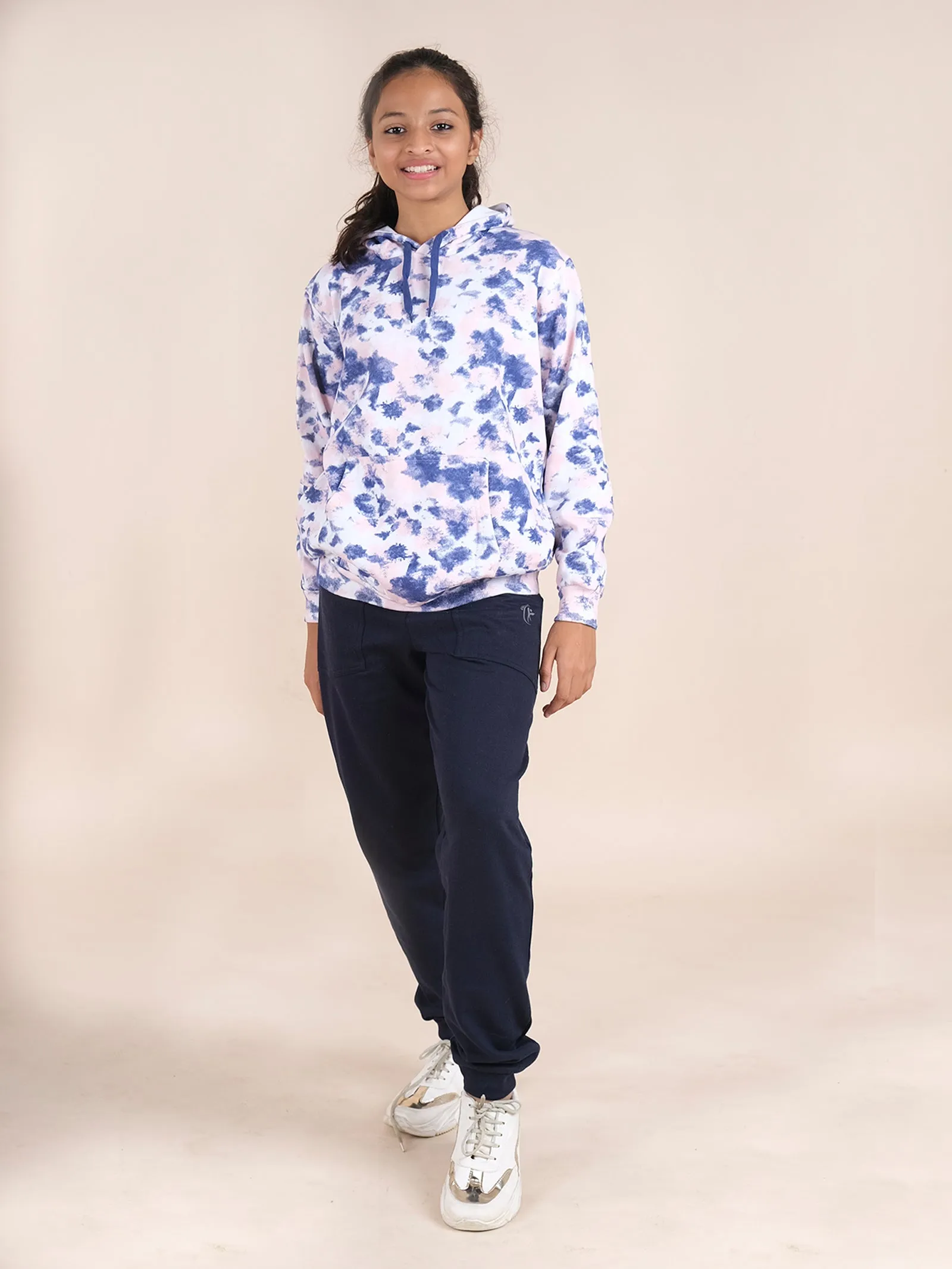 Kids Unisex Fleece Tie Dye Full Sleeve Hooded Sweatshirt With Solid Track Pant Set