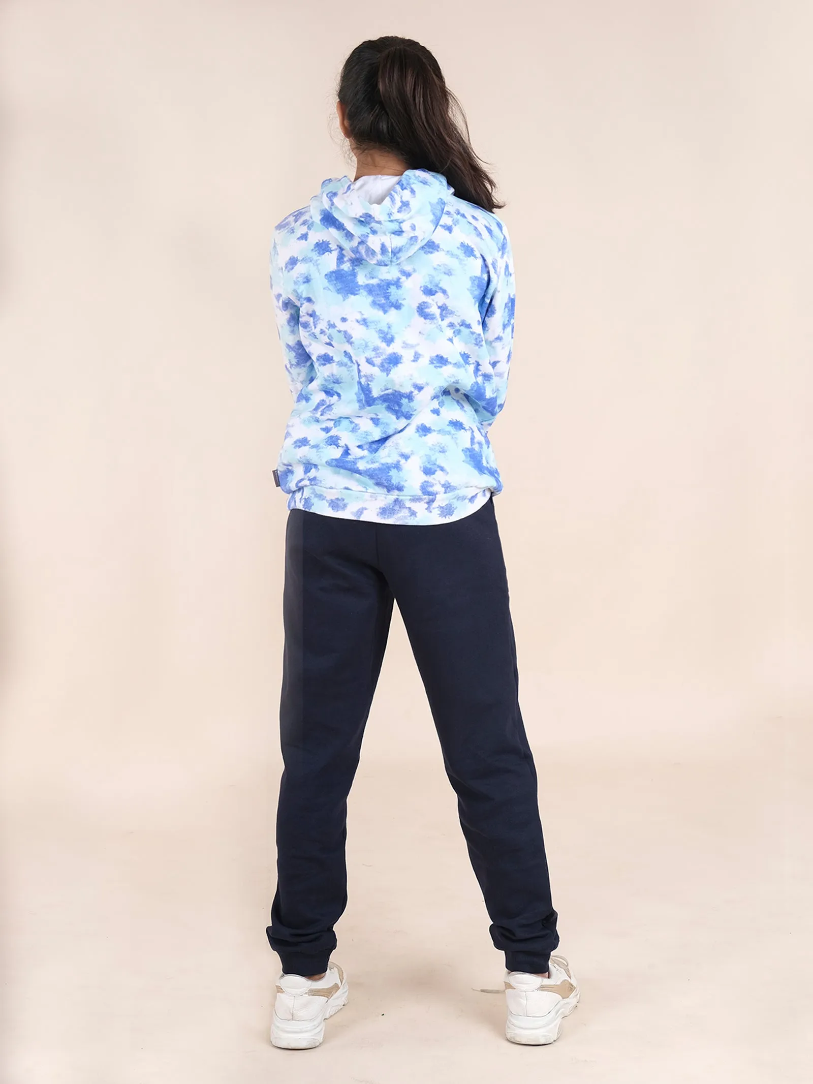 Kids Unisex Fleece Tie Dye Full Sleeve Hooded Sweatshirt With Solid Track Pant Set