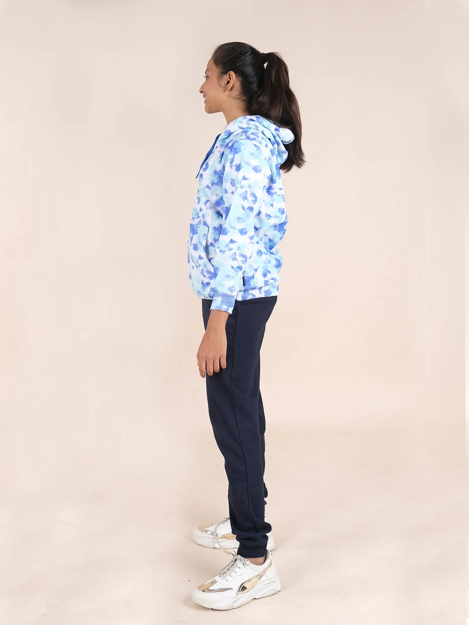 Kids Unisex Fleece Tie Dye Full Sleeve Hooded Sweatshirt With Solid Track Pant Set