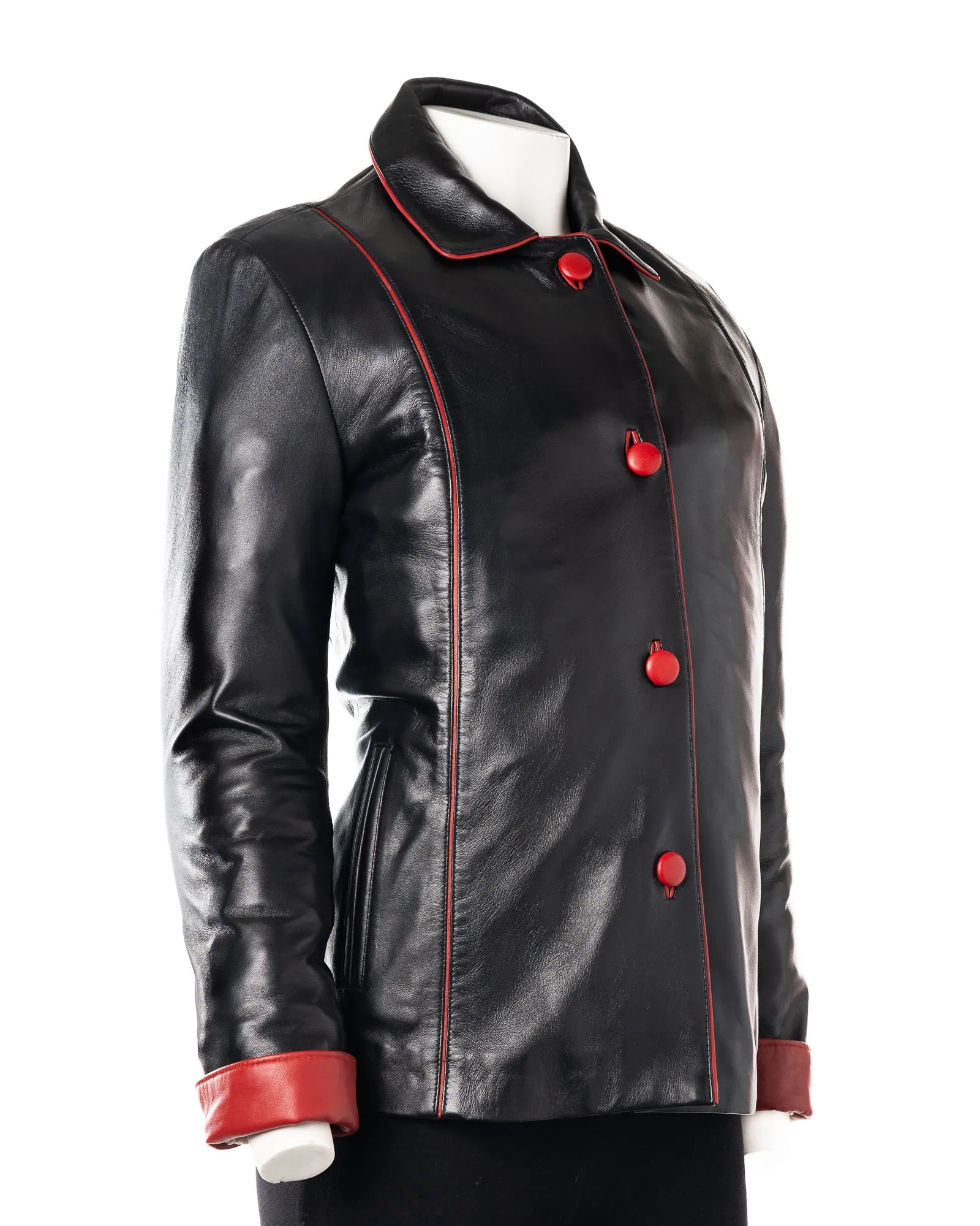 Ladies Black Contrast Buttoned Leather Jacket: Cassandra