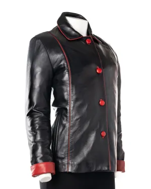 Ladies Black Contrast Buttoned Leather Jacket: Cassandra