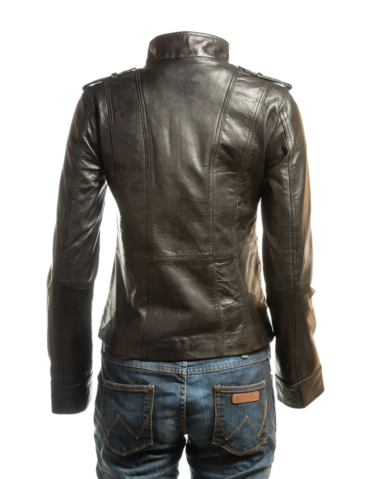 Ladies Yellow Tab Collar Biker Style Leather Jacket: Anastasia