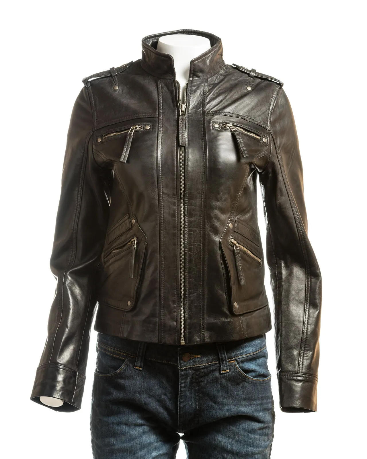 Ladies Yellow Tab Collar Biker Style Leather Jacket: Anastasia