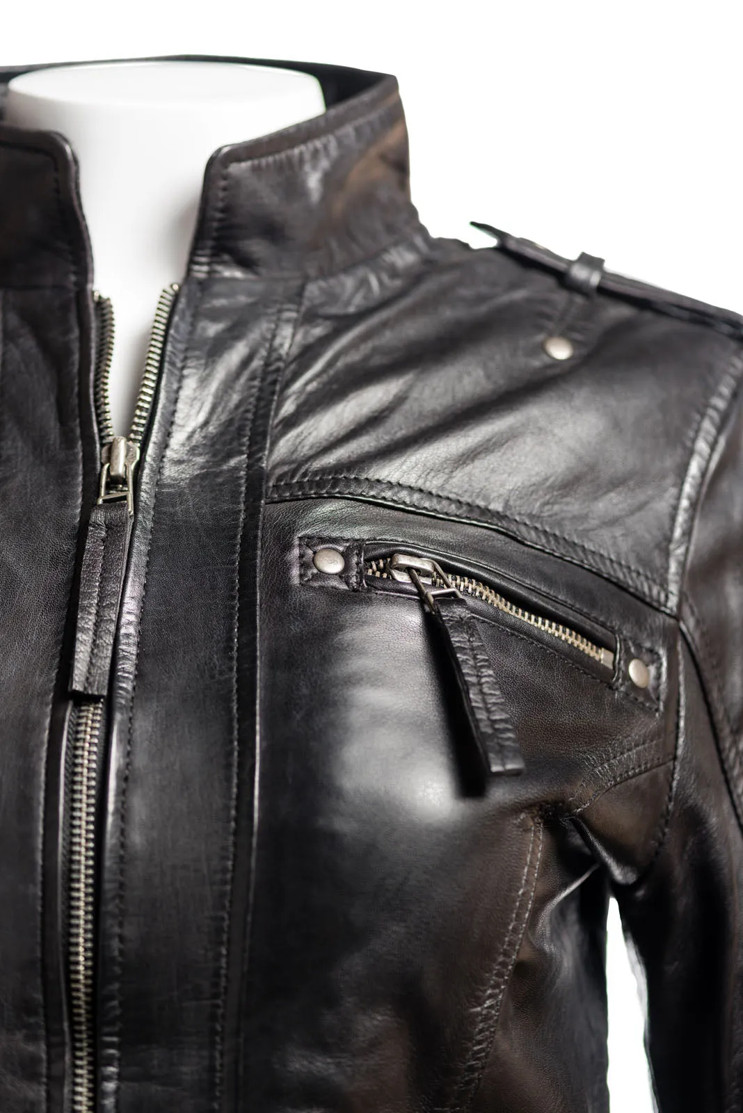 Ladies Yellow Tab Collar Biker Style Leather Jacket: Anastasia
