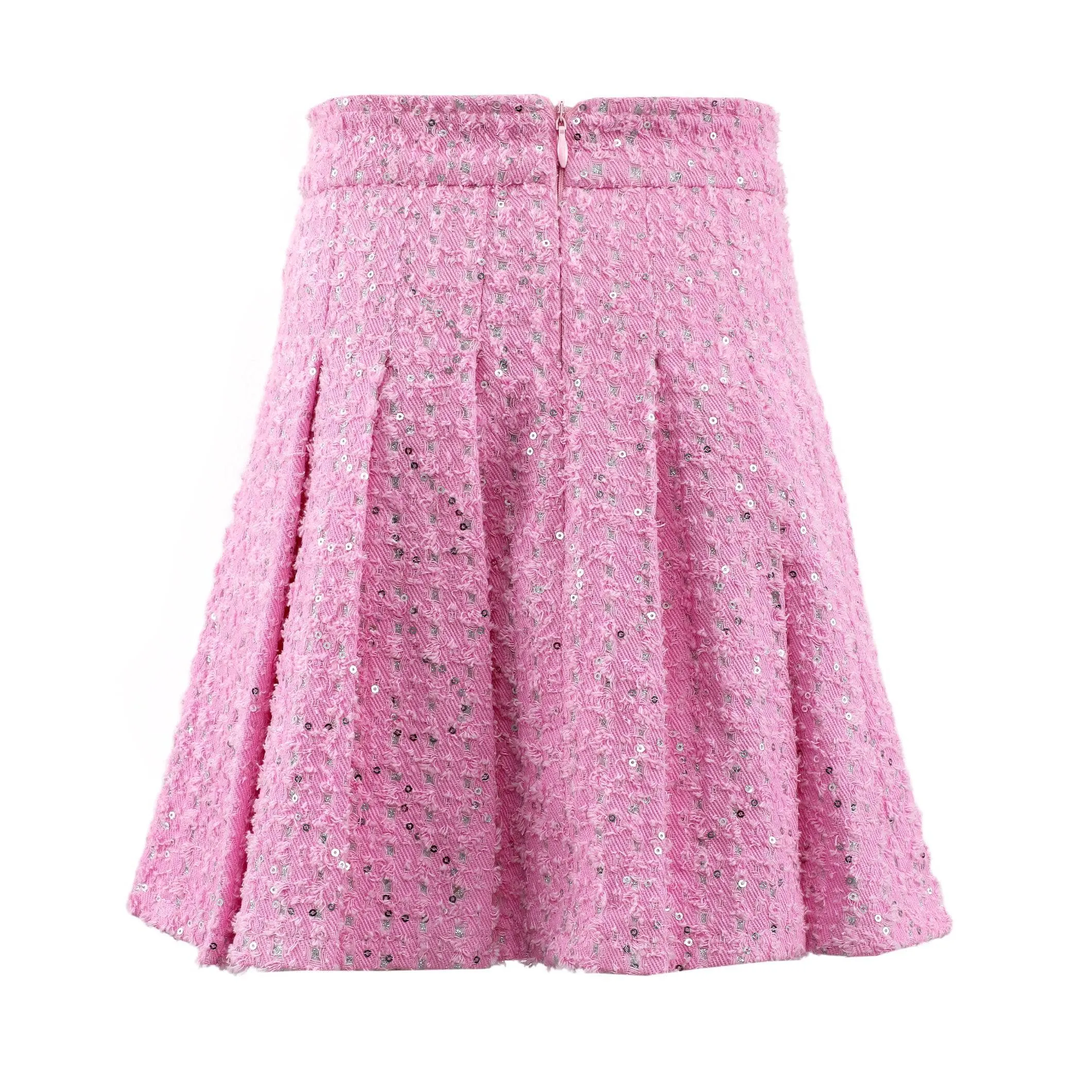 Pink Denim Sparkle Pleated Skirt