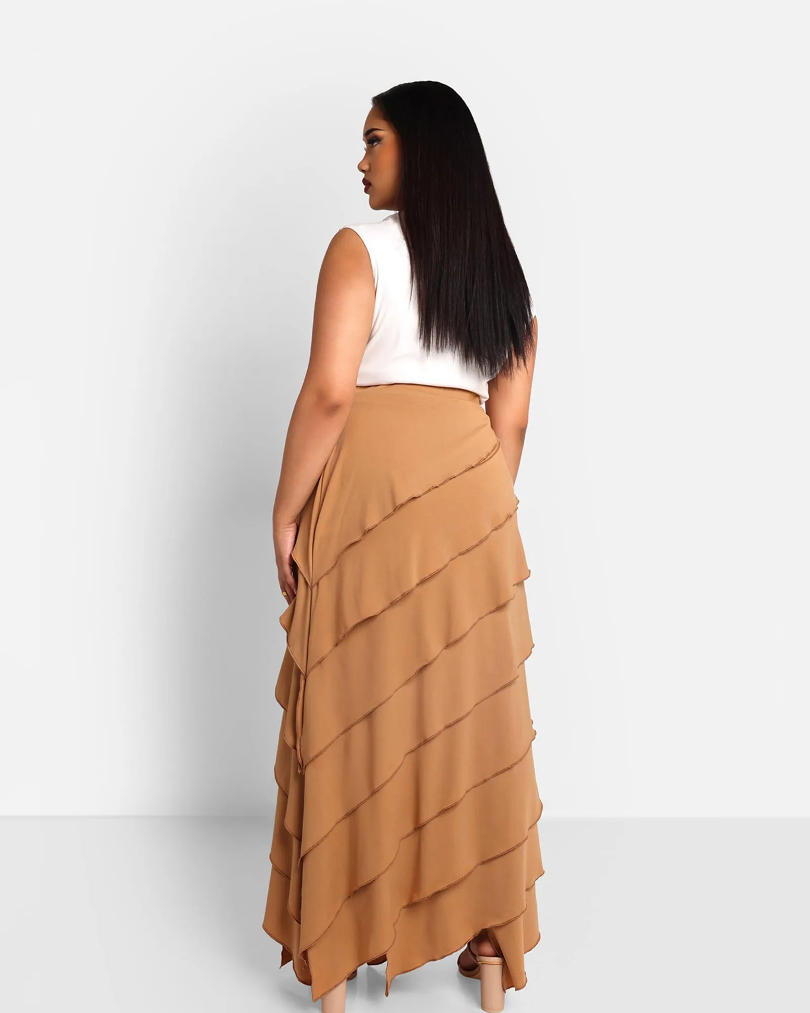 Rebdolls Women's Amanda Ruffle Maxi Bodycon Skirt | Brown