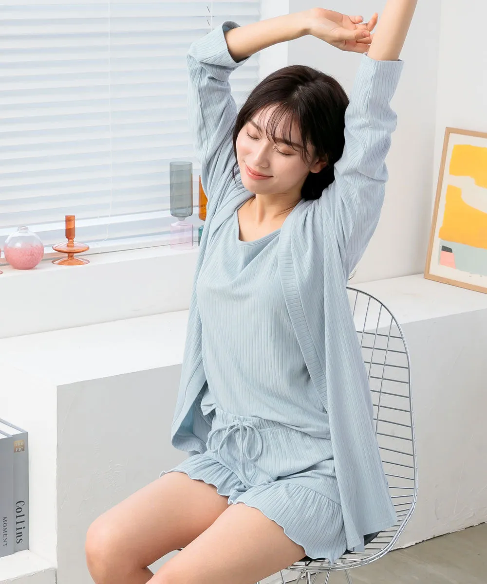 Rib Frill Camisole Cardigan Shorts 3-piece set