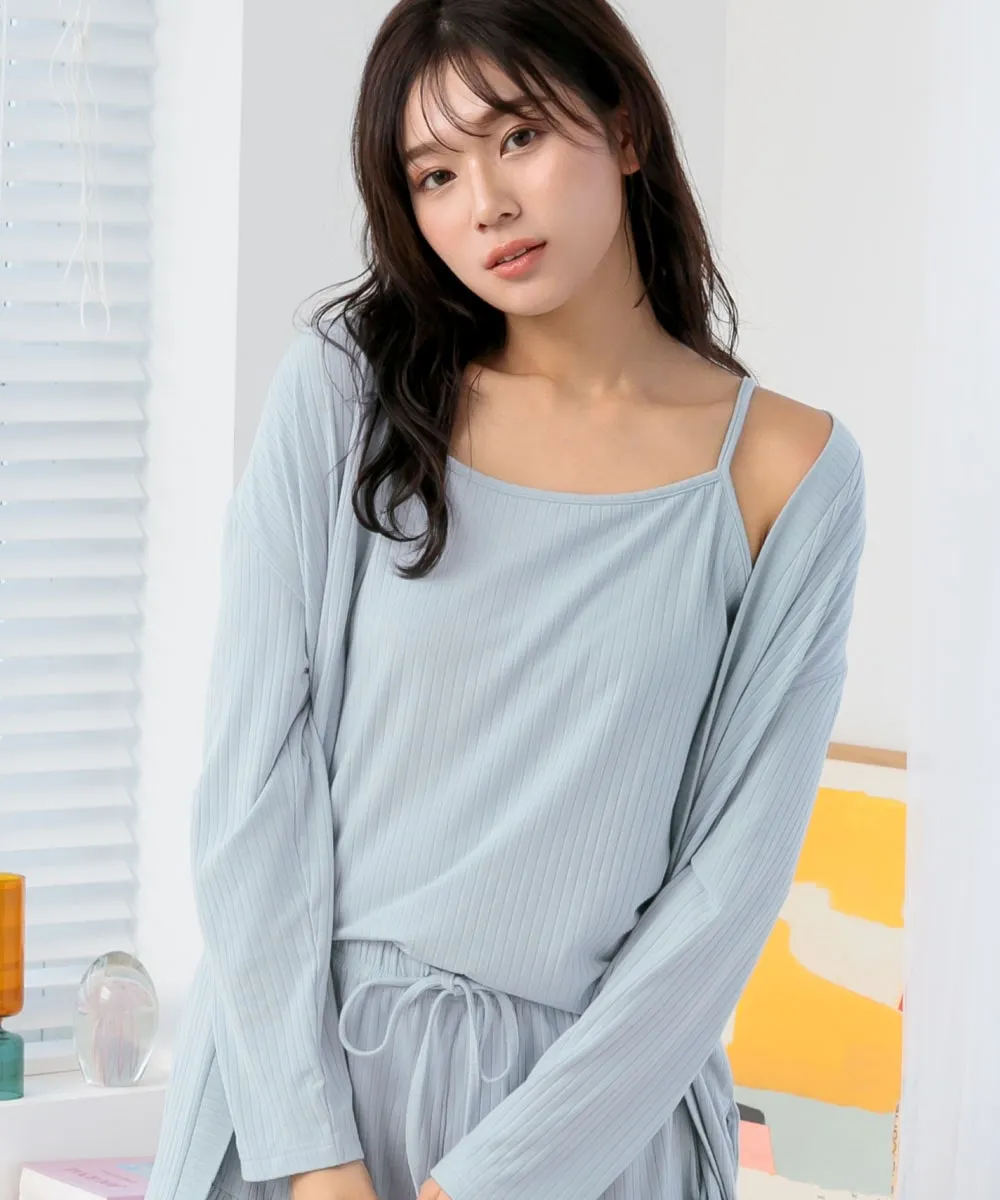 Rib Frill Camisole Cardigan Shorts 3-piece set