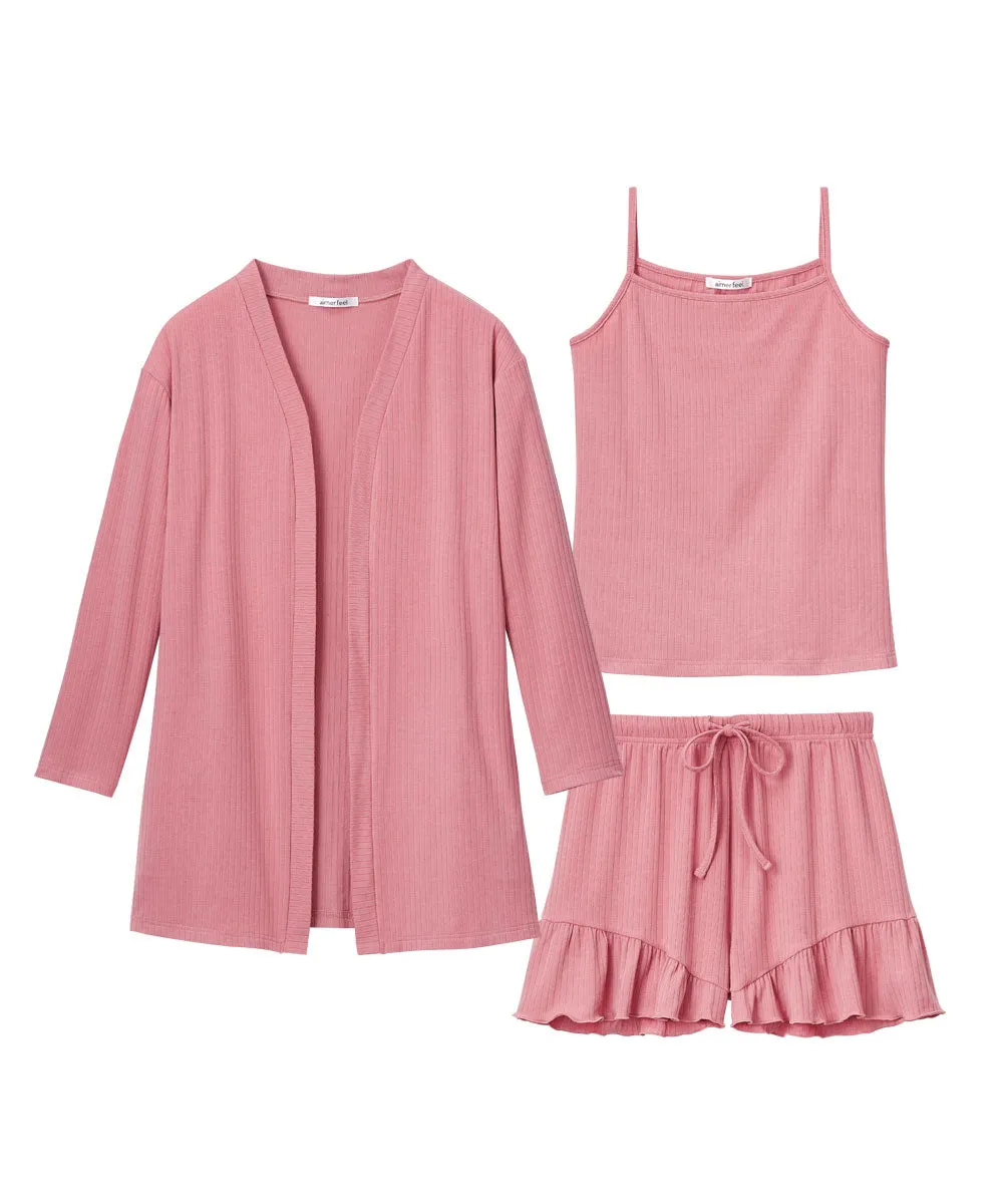 Rib Frill Camisole Cardigan Shorts 3-piece set