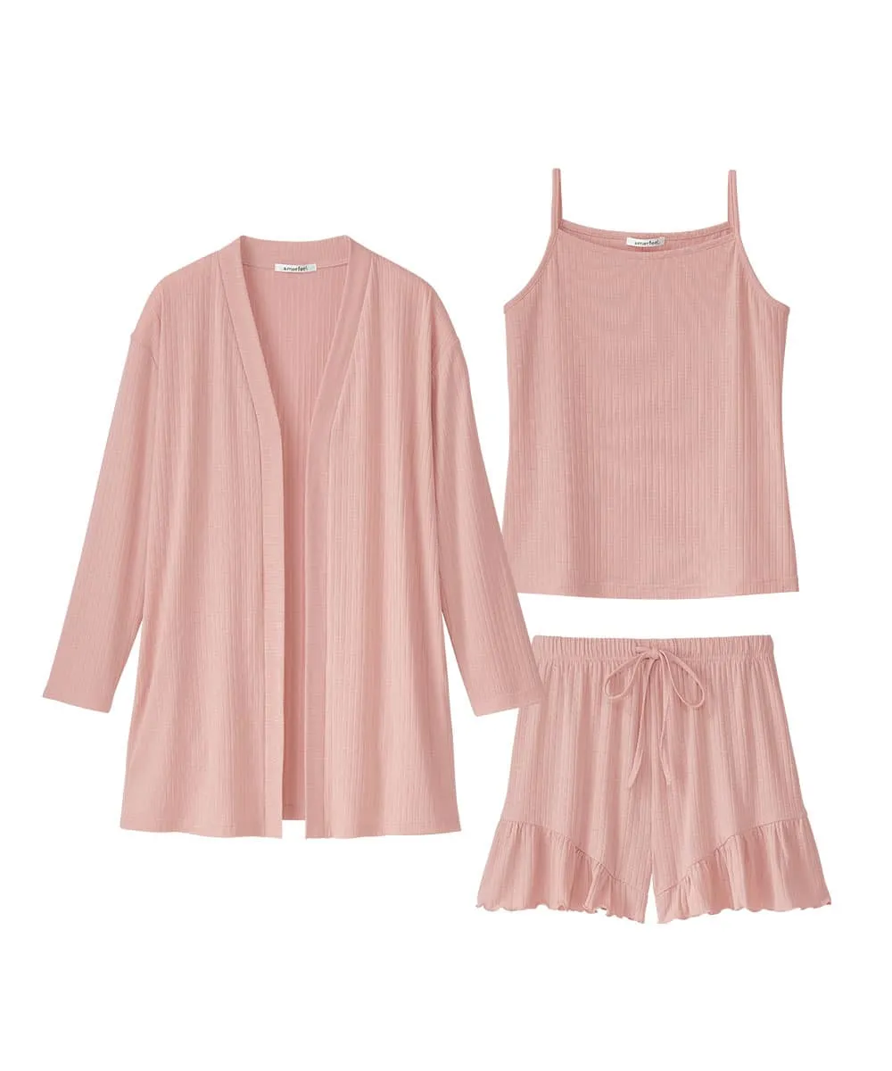 Rib Frill Camisole Cardigan Shorts 3-piece set