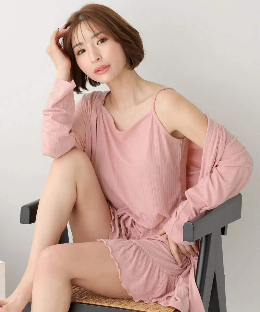 Rib Frill Camisole Cardigan Shorts 3-piece set