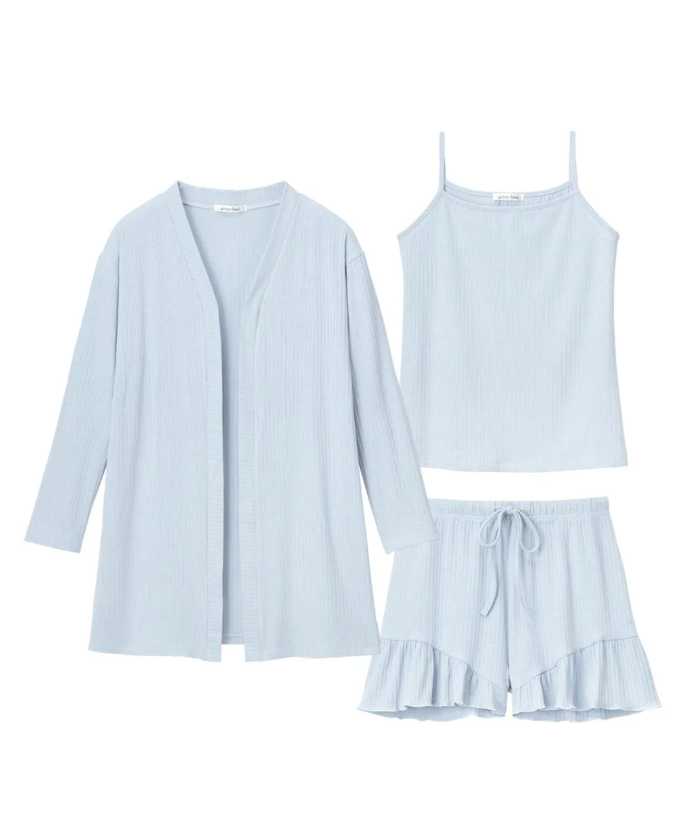 Rib Frill Camisole Cardigan Shorts 3-piece set