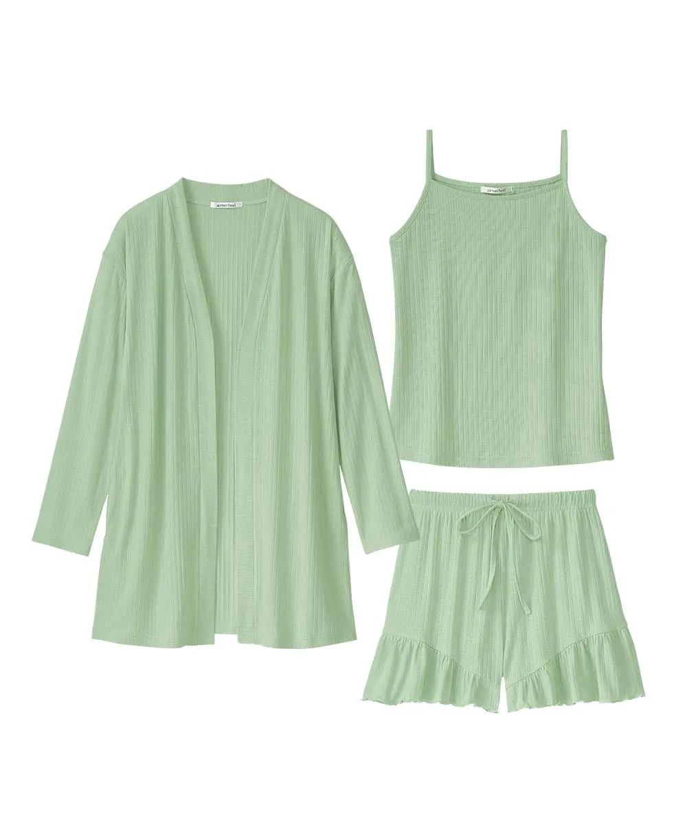 Rib Frill Camisole Cardigan Shorts 3-piece set