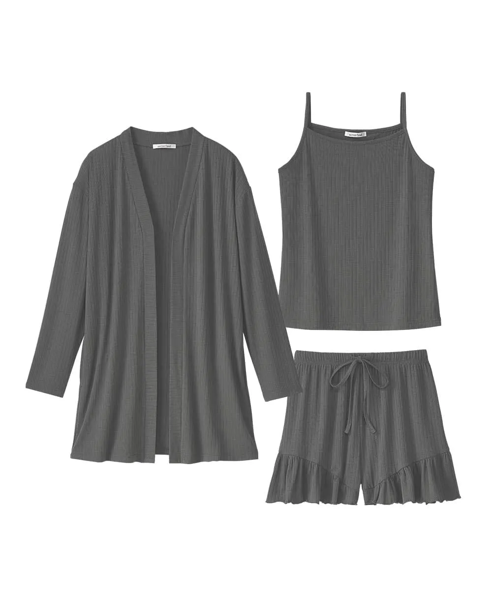 Rib Frill Camisole Cardigan Shorts 3-piece set