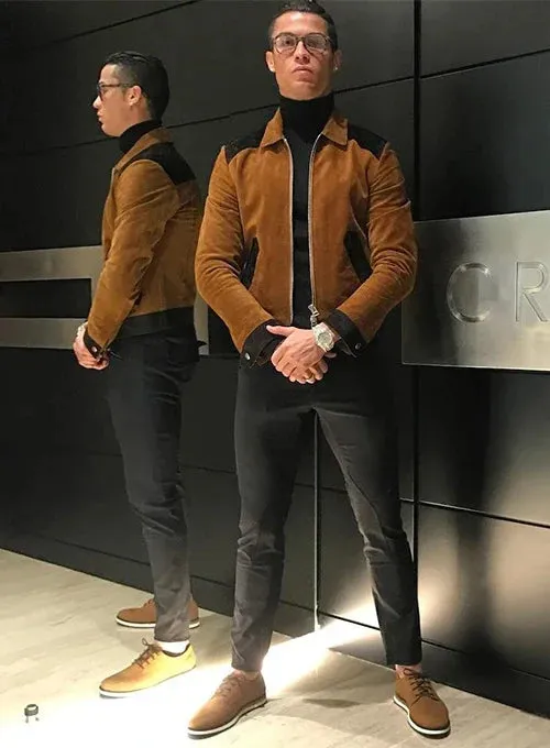 Stylish Brown Leather Jacket Worn By Cristiano Ronaldo | Cristiano Ronaldo Stylish Brown Leather Jacket