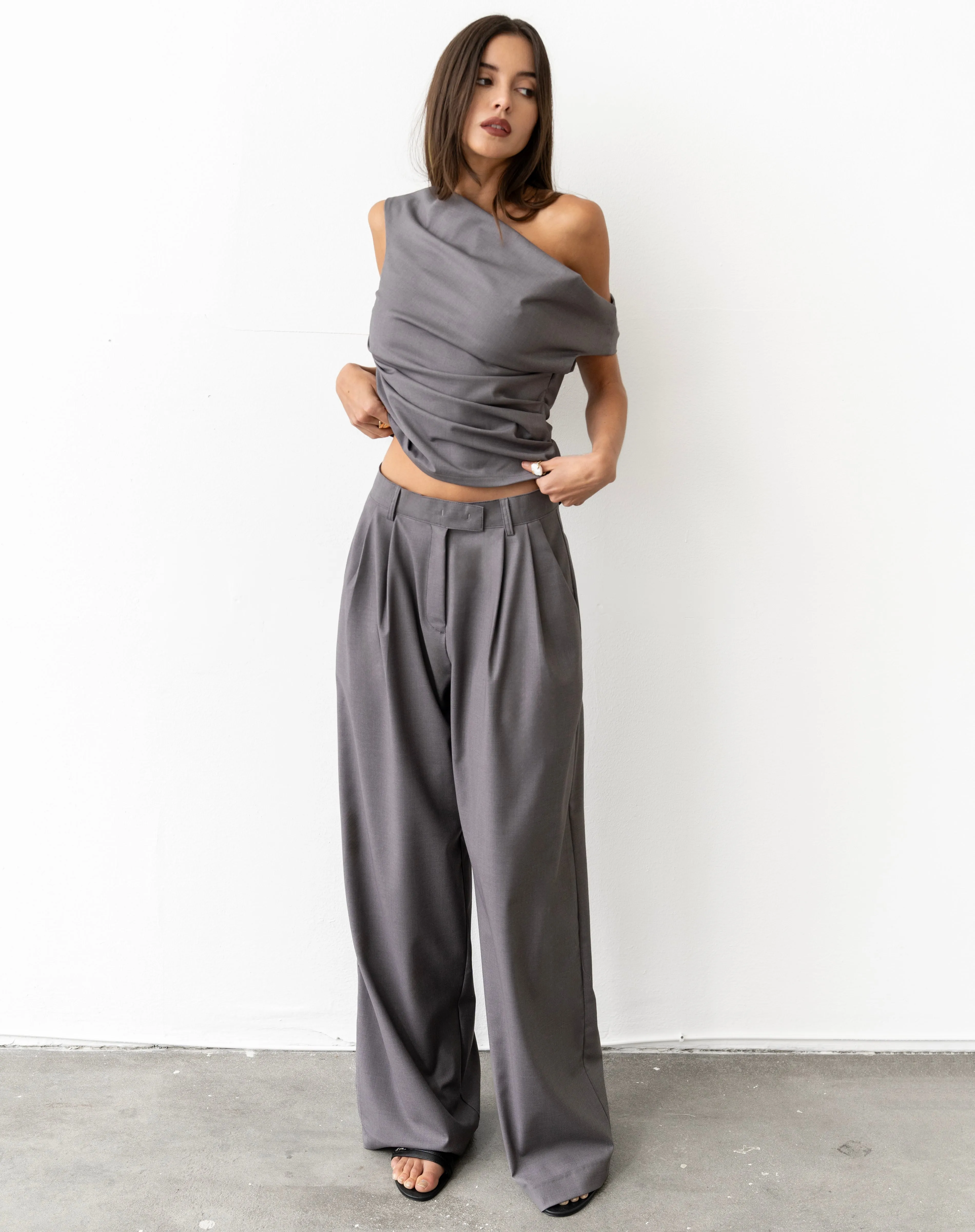 Talia Wide Leg Double Pleats Pants, Grey