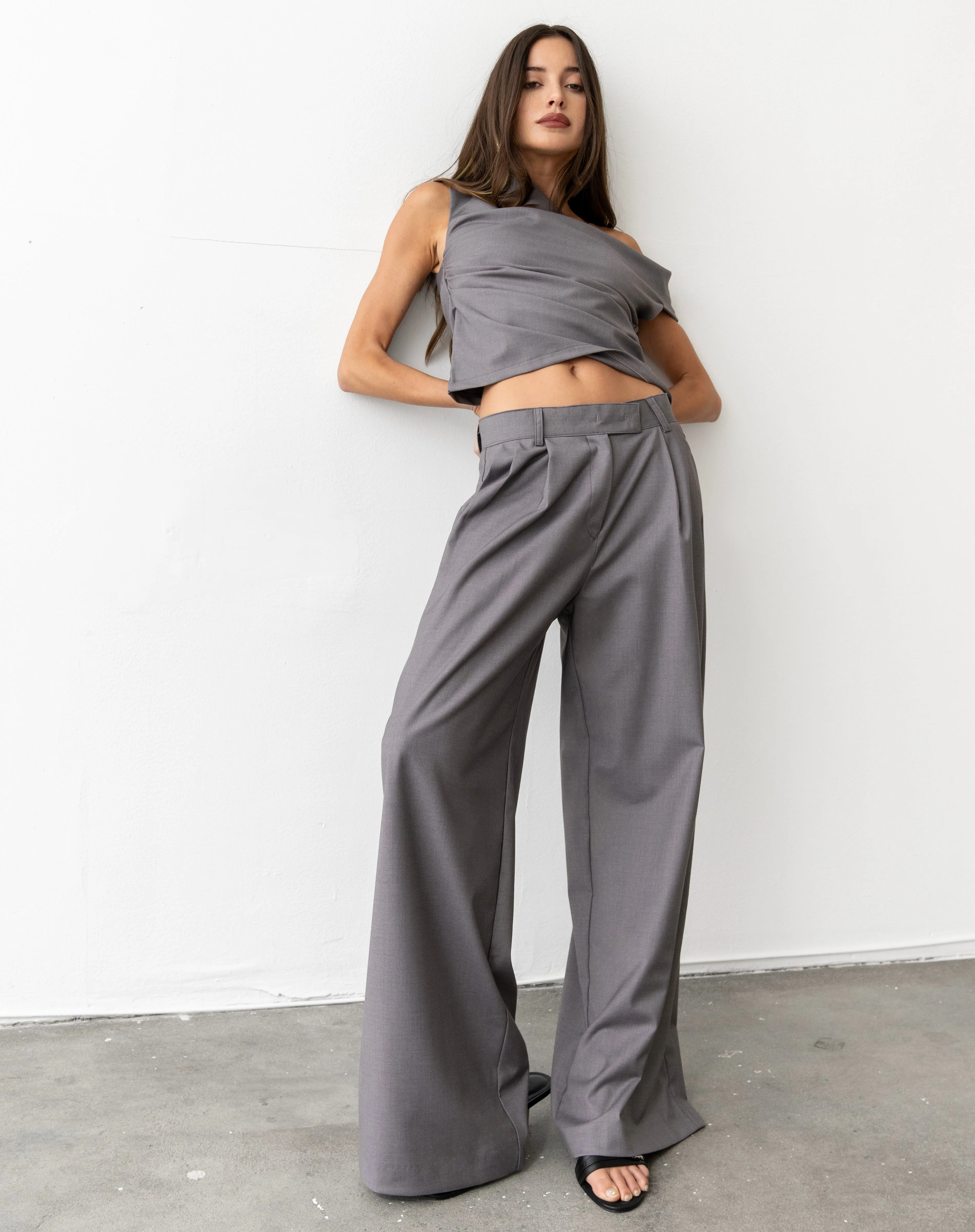Talia Wide Leg Double Pleats Pants, Grey