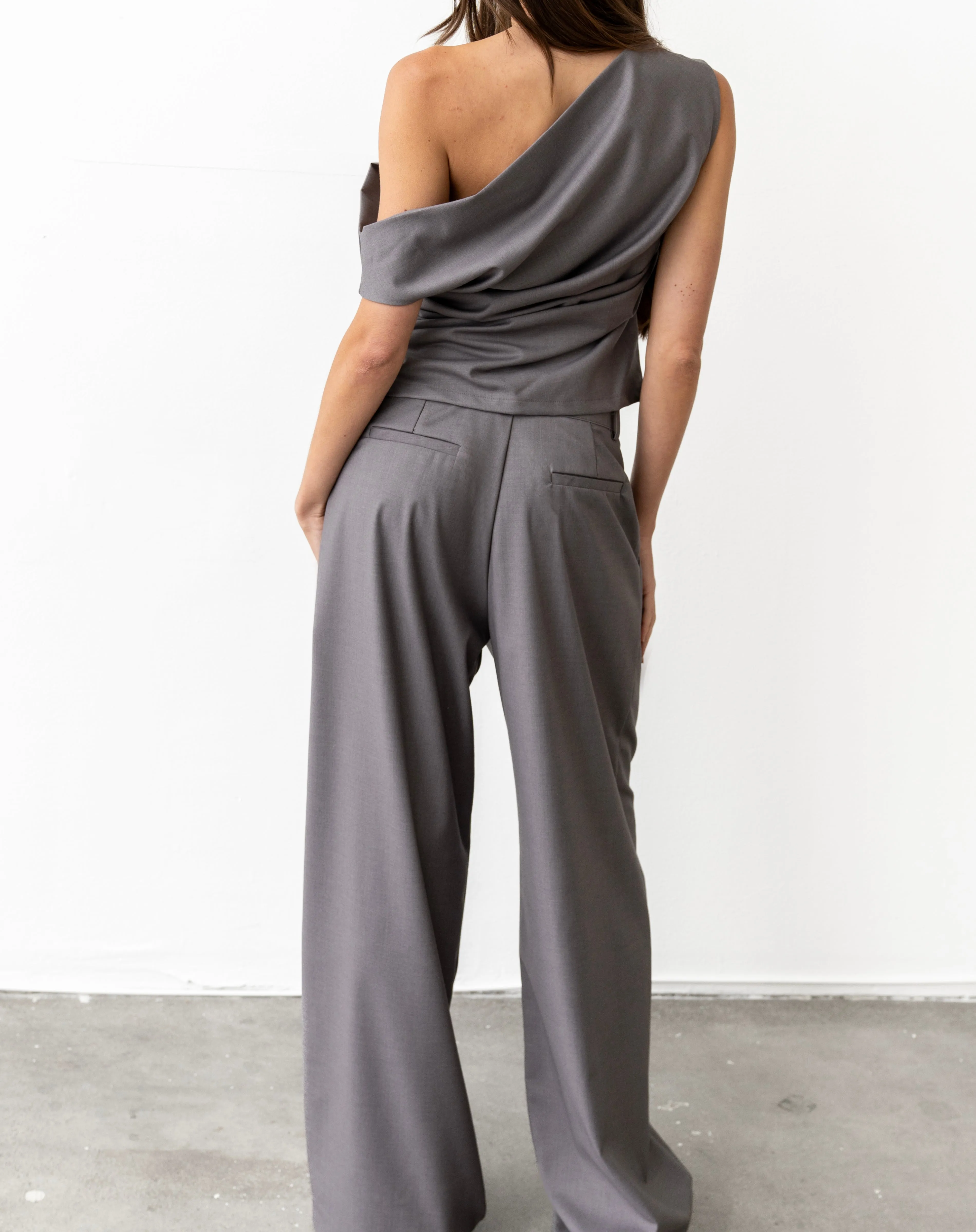 Talia Wide Leg Double Pleats Pants, Grey