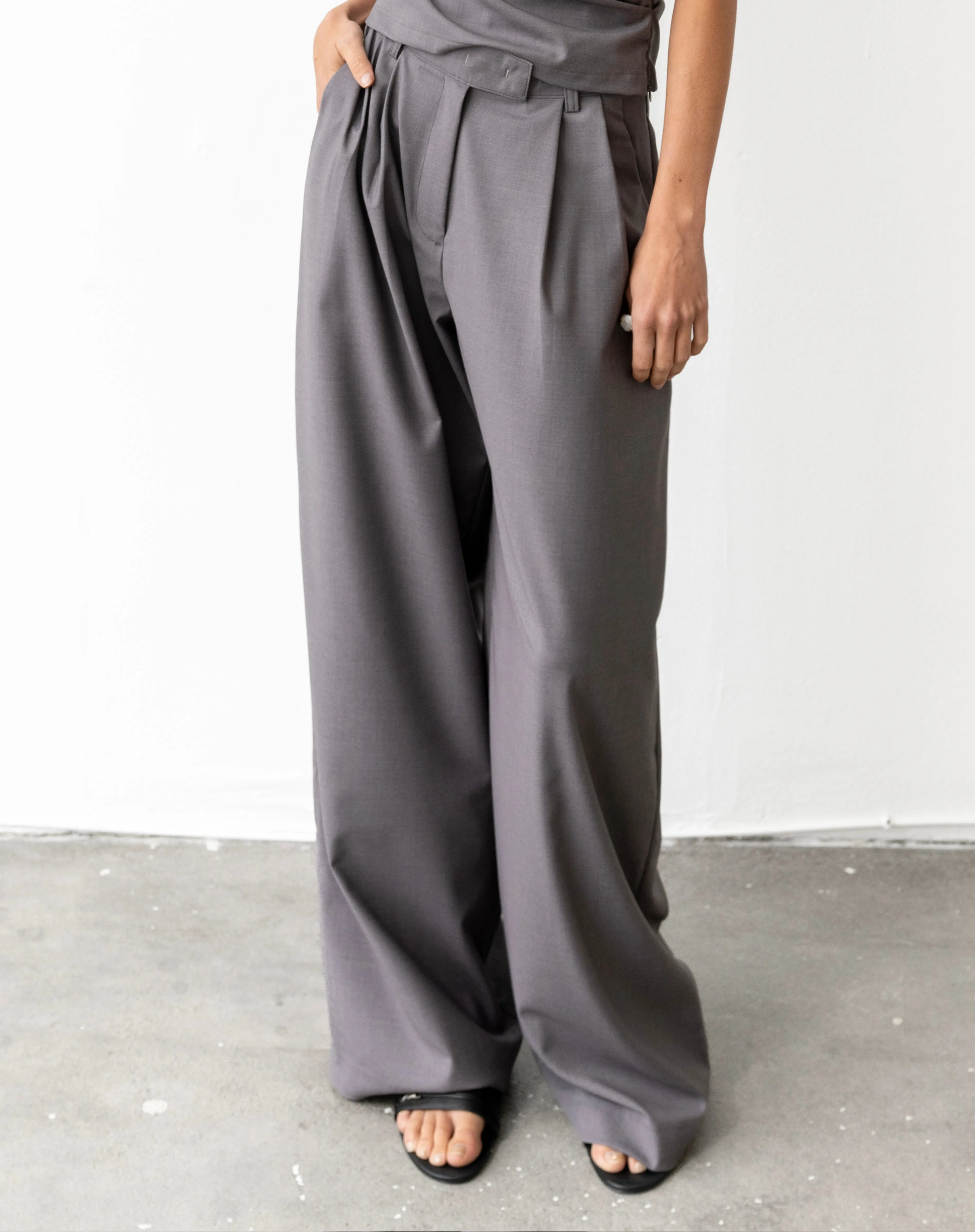 Talia Wide Leg Double Pleats Pants, Grey