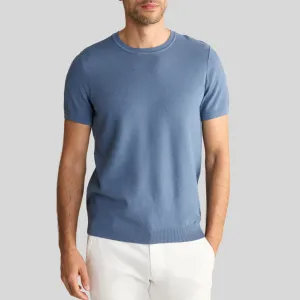 Textured Knit Crew Ribbed T-Shirt - Blue