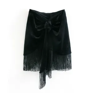 Velvet Tied Front Skirt with Fringe Hem