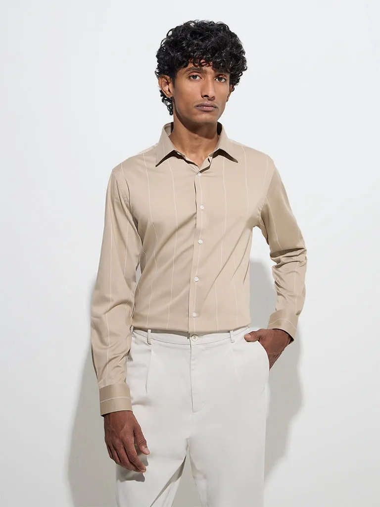 WES Formals Beige Pinstriped Slim-Fit Cotton Shirt