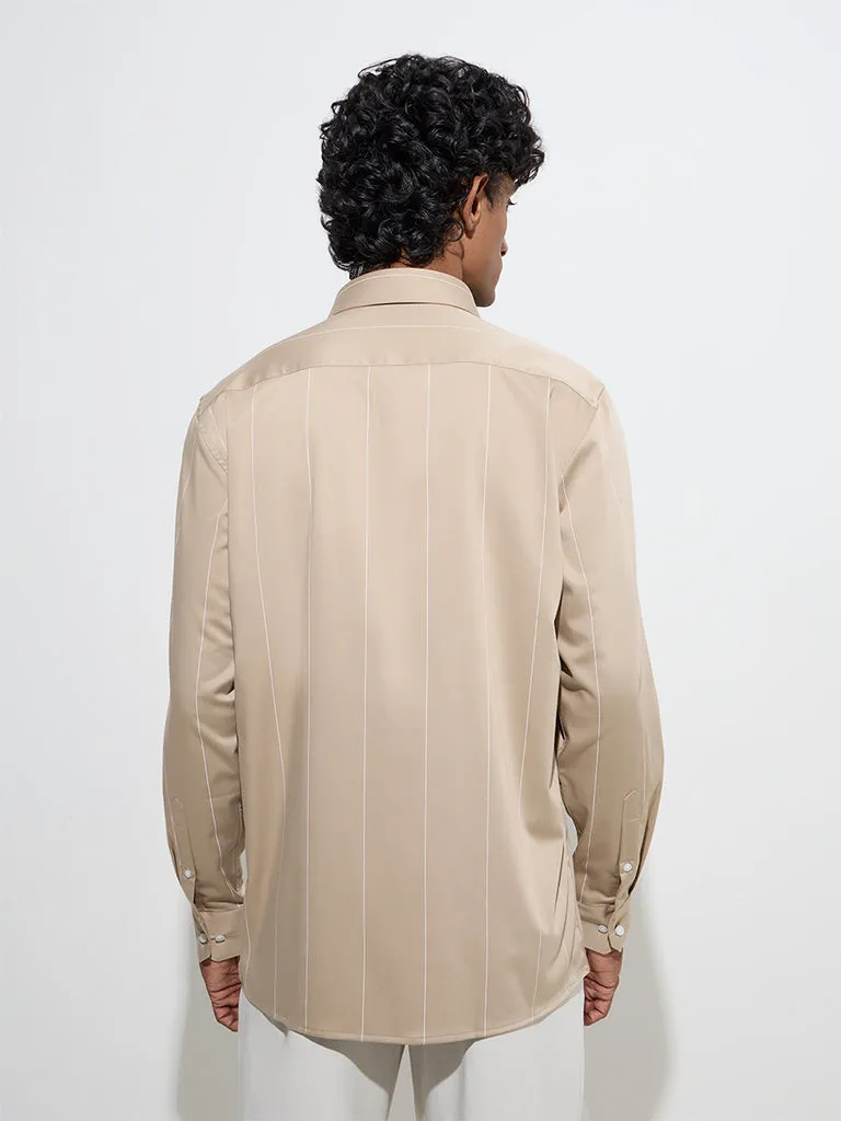 WES Formals Beige Pinstriped Slim-Fit Cotton Shirt