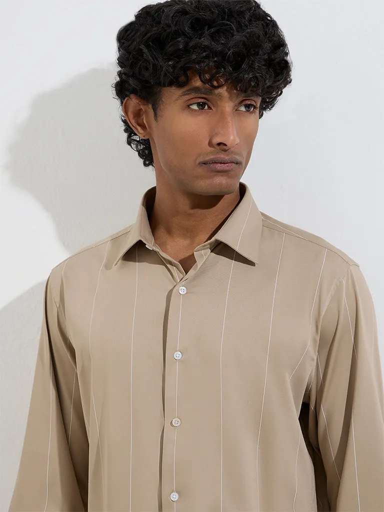 WES Formals Beige Pinstriped Slim-Fit Cotton Shirt