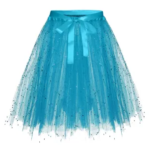 Women Sequin Tulle Skirt High Waist Bowknot Tutu Mini Skirt