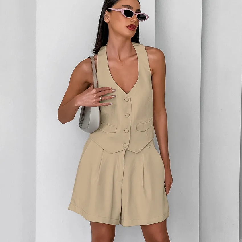 Women's Summer Solid Color Casual Sleeveless V-Neck Vest and Wide Leg Pants Set